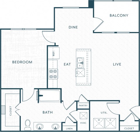 Floor plan for 1 bed, 1 bath, 873 sqft